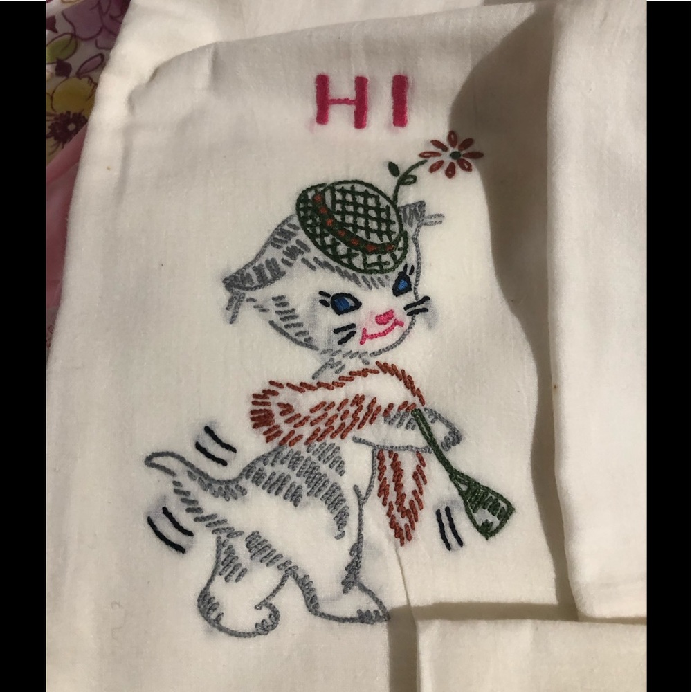 Vintage kitten cross stitch kitchen tea towels